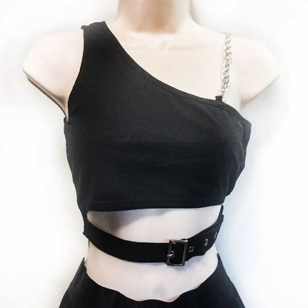 ZAFUL Black One Shoulder Chain Hollowed Out Tank Sz 6 - Picture 10 of 10